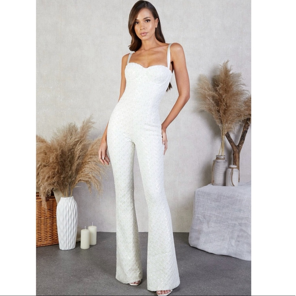 NADINE MERABI White Textured Boot Cut Jumpsuit